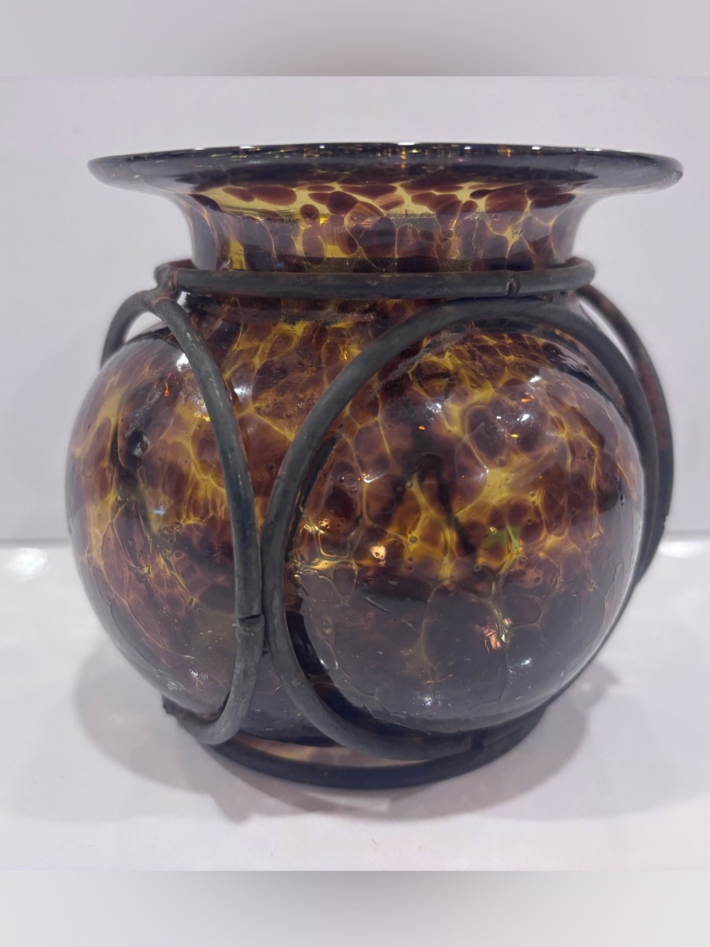Hand Blown Caged Glass Wrought Iron Amber Vase